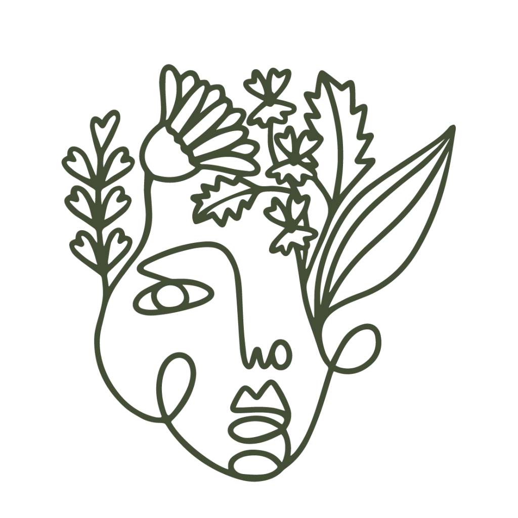 Mein Logo zeigt eine gezeichnete Gesichtshälfte einer Frau, die äußeren Linien verschmelzen und es entstehen Heilpflanzen und Wildkräuter. Das Logo entstand um widerzuspiegeln, dass hier Kräuterwissen geteilt wird und Rezepte für Naturkosmetik und natürliche Hausmittel vorgestellt werden.